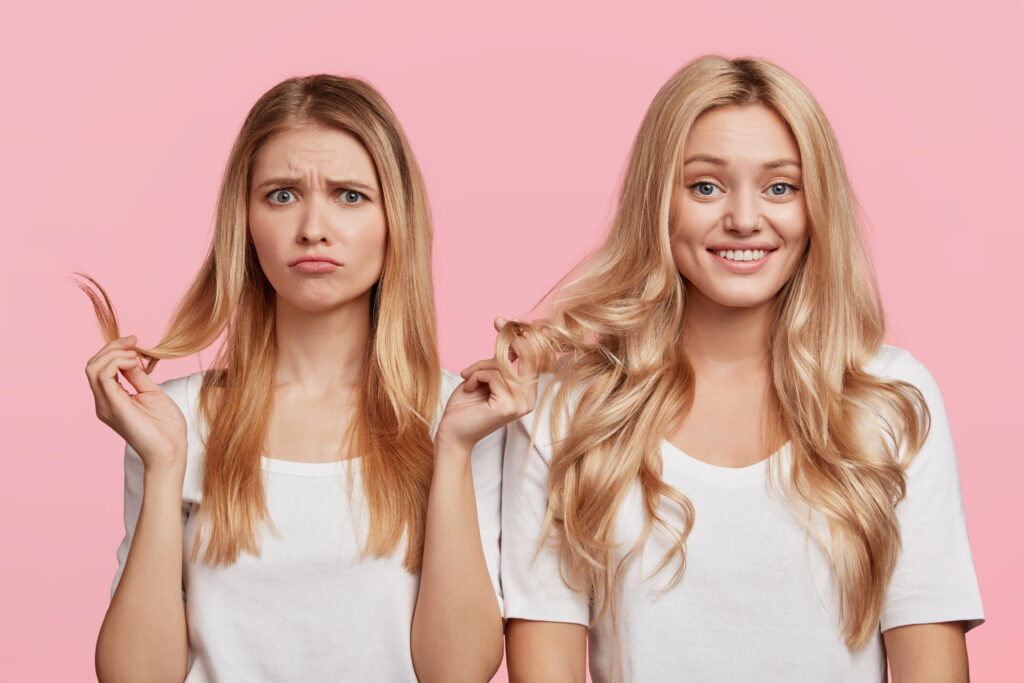 Woman with Frizzy hair solutions before and after treatment.