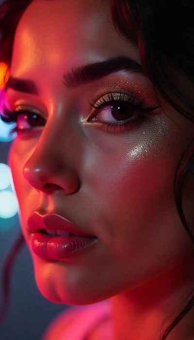 Close-up of a model's eyes with glittery gold and silver eyeshadow, paired with eyeliner.