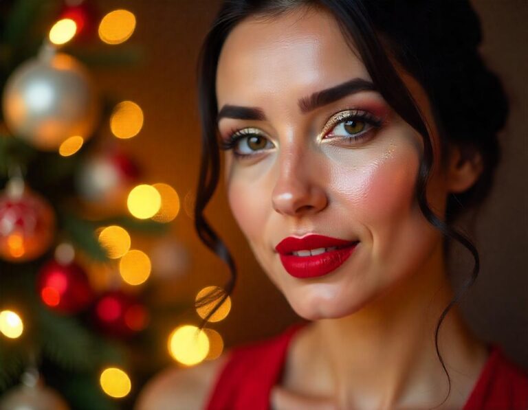 Festive-themed close-up of a model with bold holiday makeup, including glittery gold eyeshadow, winged eyeliner, red lipstick, and radiant skin, set against a holiday background.