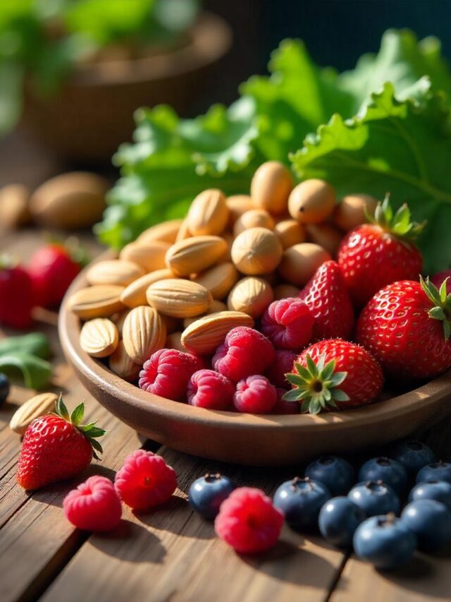 A bowl of winter superfoods like berries, leafy greens, and nuts.