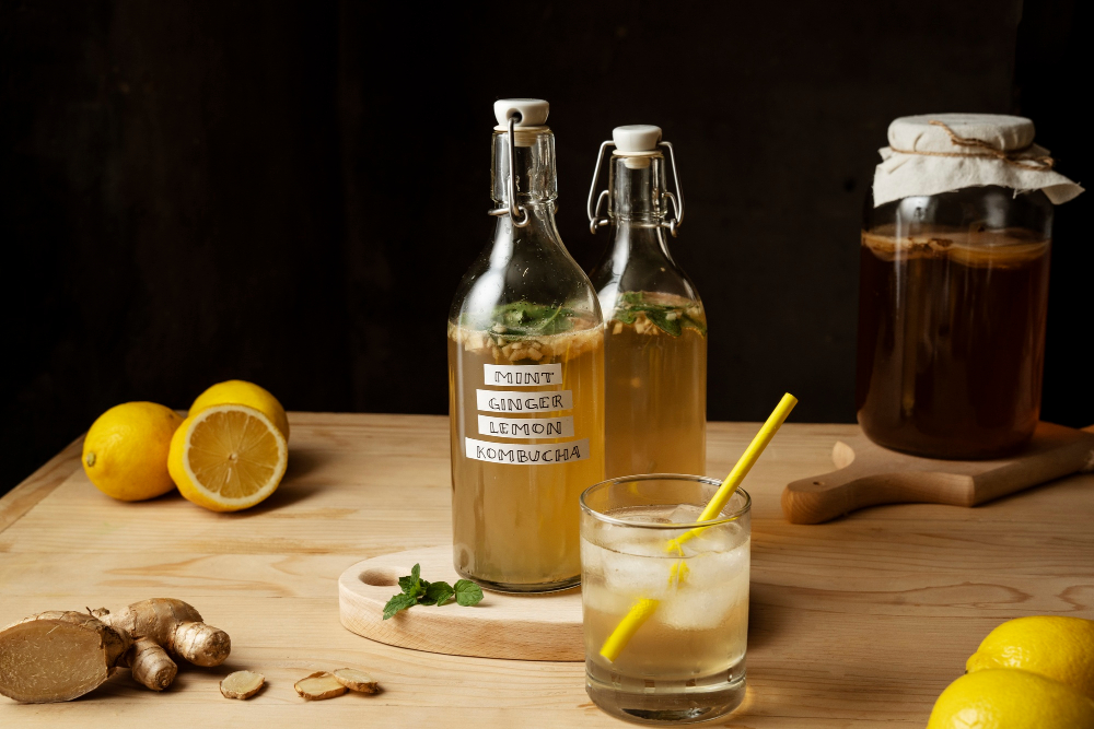 A jar of kombucha with lemon, ginger and mint slices.